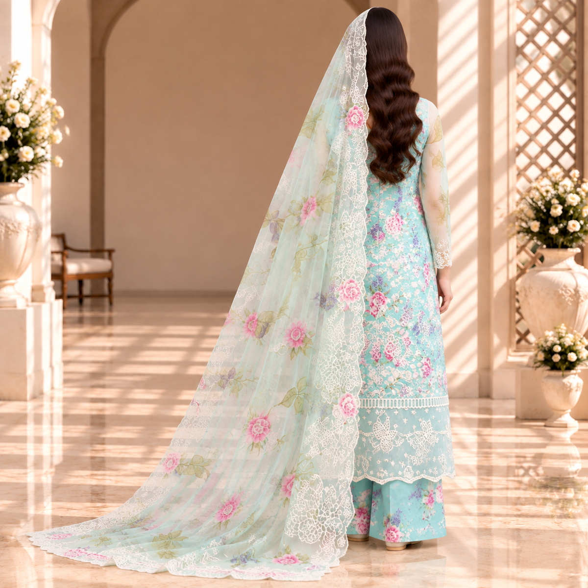 Aqua Bloom – Luxury Pastel Blue Floral Pakistani Embroidered Suit