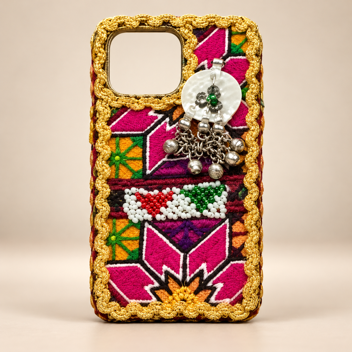 Royal Pink Handmade Embroidered Mobile Cover with Golden Trim, Pearl Disc & Silver Charms