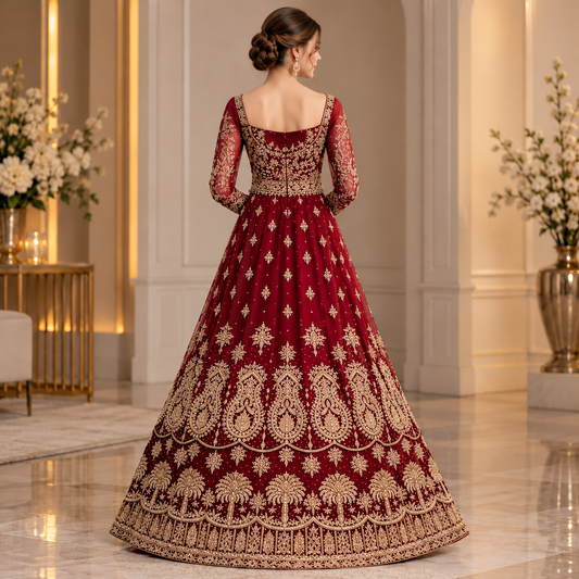 Royal Burgundy & Gold Embroidered Bridal Lehenga Gown