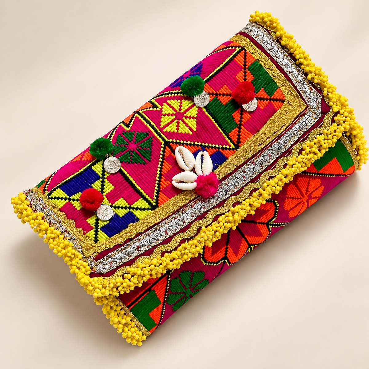 Vibrant Multicolor Handmade Embroidered Clutch Bag with Yellow Beaded Fringe & Cowrie Shells