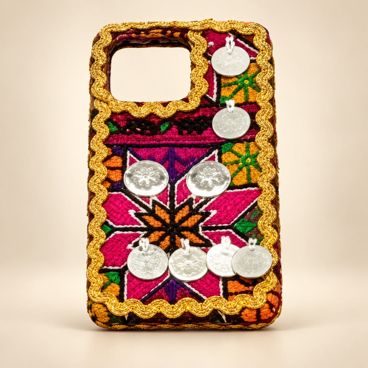 Traditional Floral Handmade Embroidered Mobile Cover with Golden Trim & Silver Coin Charms – Multicolor