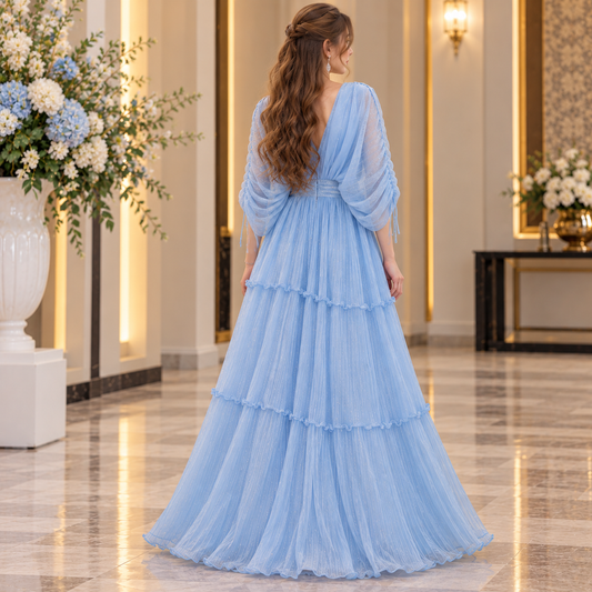 Sky Blue Elegant Pleated Maxi Dress