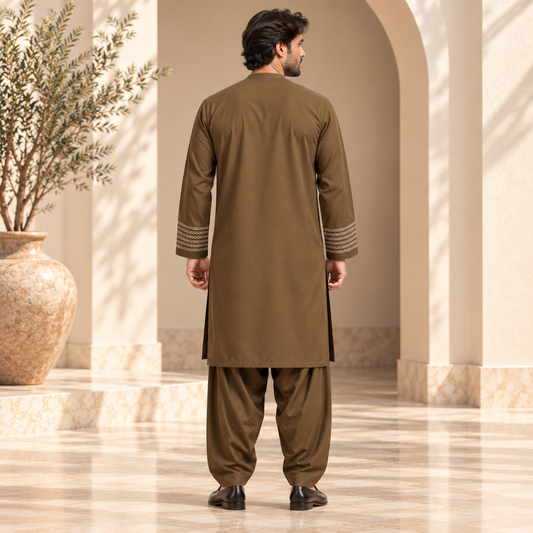 Afghan Heritage Embroidered Shalwar Kameez – Classic Olive Brown