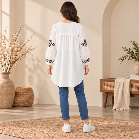 Women's White Boho Blue & Yellow Embroidered Tassel Tunic Top