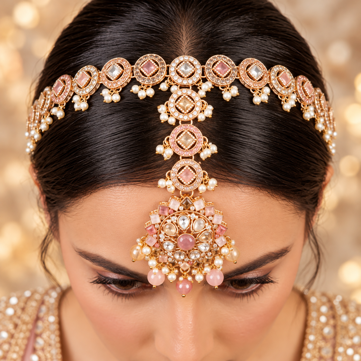 Luxury Rose Gold & Blush Pink Bridal Matha Patti Headpiece 