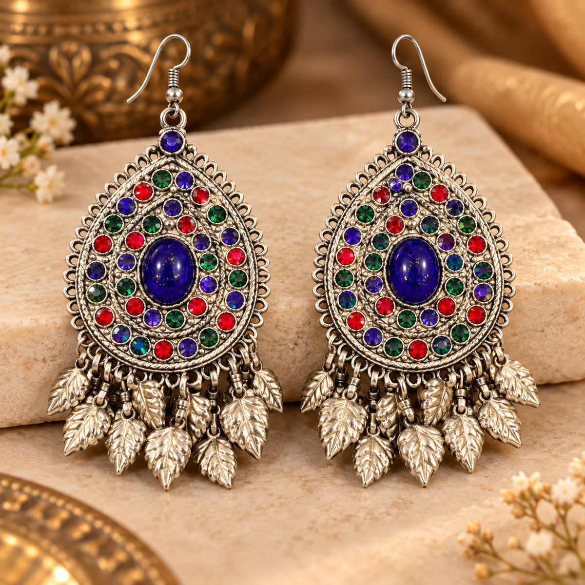 Antique Silver Multicolor Teardrop Earrings with Blue Stone & Leaf Danglers