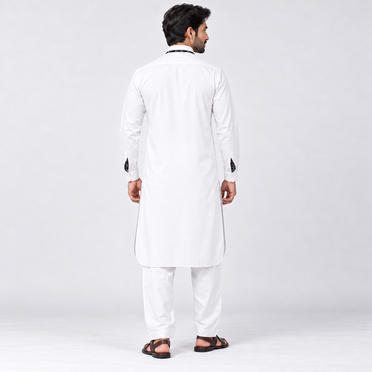 Classic White Men’s Shalwar Kameez with Contrast Patterned Accents