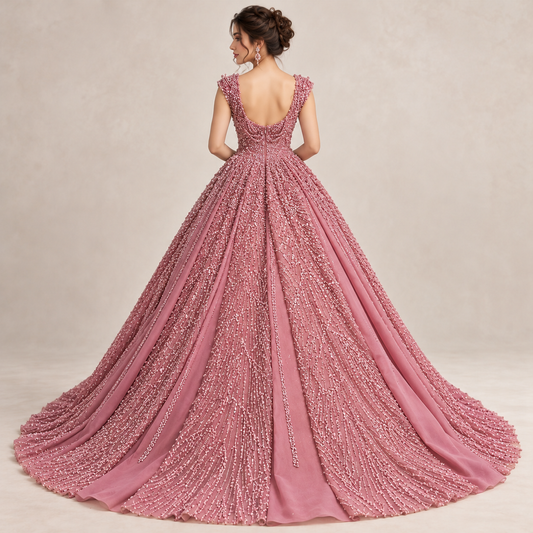 Luxury Dusty Rose Pink Embellished Maxi Dress – Elegant Princess Style