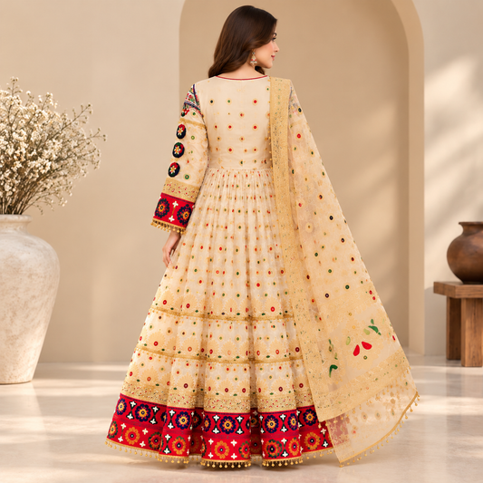 Afghan Traditional Ivory Embroidered Dress – Royal Maroon Heritage Lehenga Suit