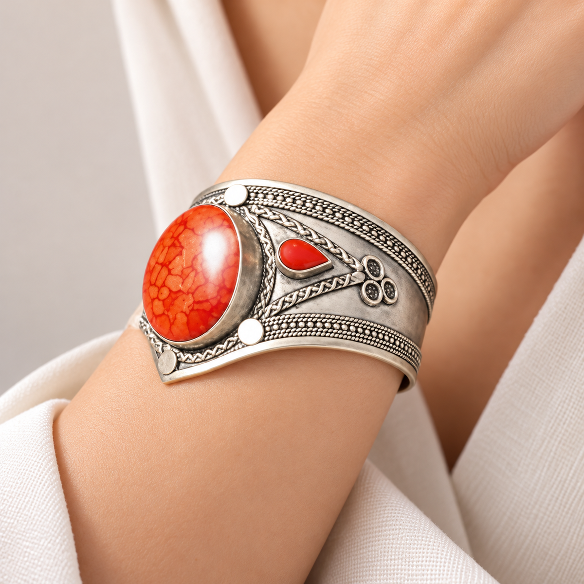 Antique Silver Orange Agate Stone Statement Cuff Bracelet