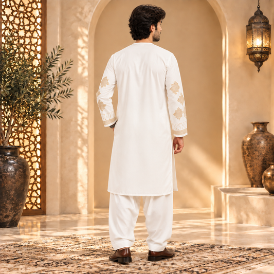 Afghan Traditional White Embroidered Kurta Shalwar – Royal Gold Heritage Wear