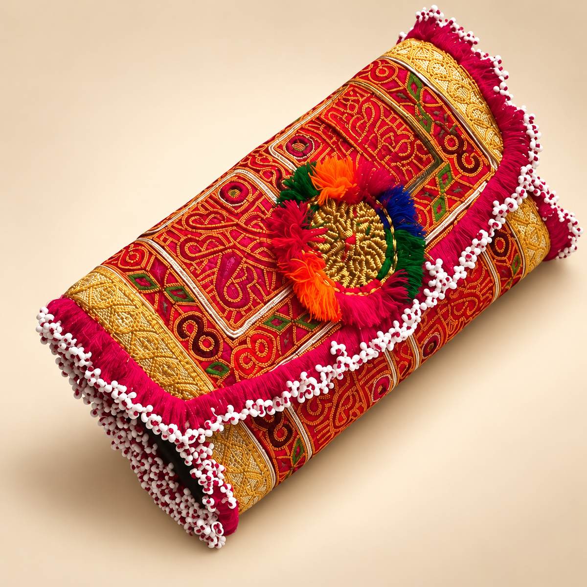 Royal Red & Gold Handmade Embroidered Clutch Bag with Multicolor Tassels & Beaded Fringe