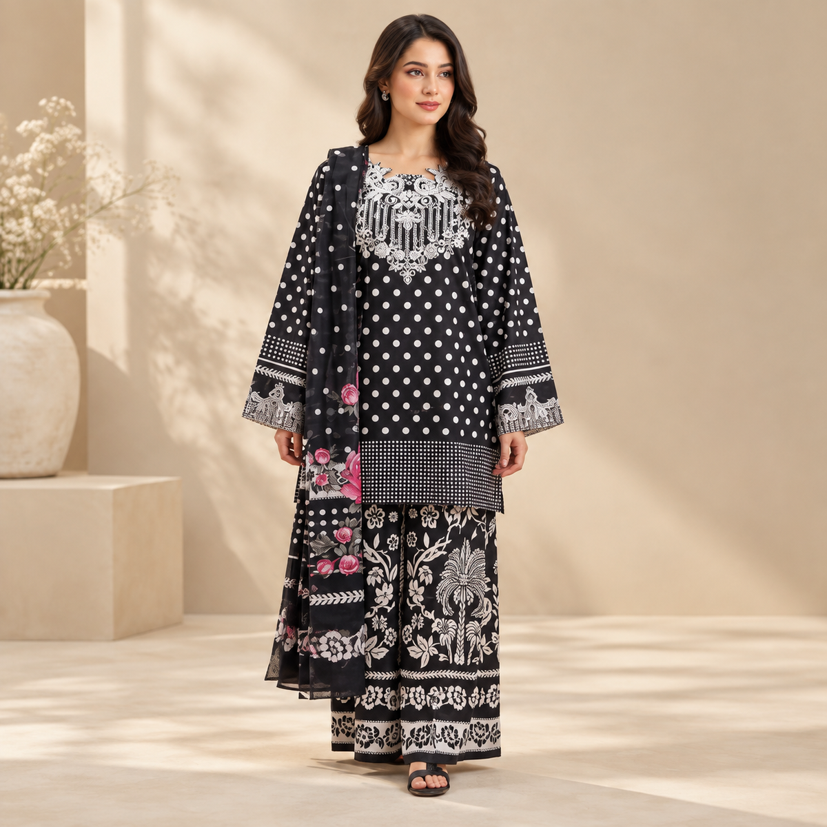 Noir Rose Polka Embroidered 3-Piece Suit