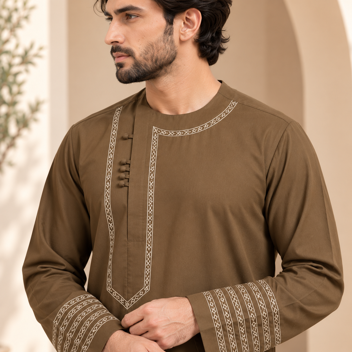 Afghan Heritage Embroidered Shalwar Kameez – Classic Olive Brown