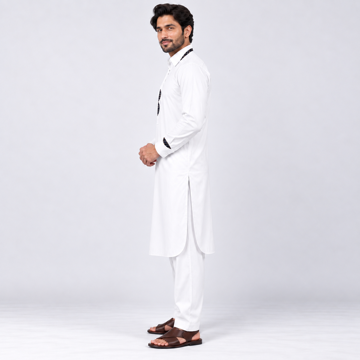 Classic White Men’s Shalwar Kameez with Contrast Patterned Accents