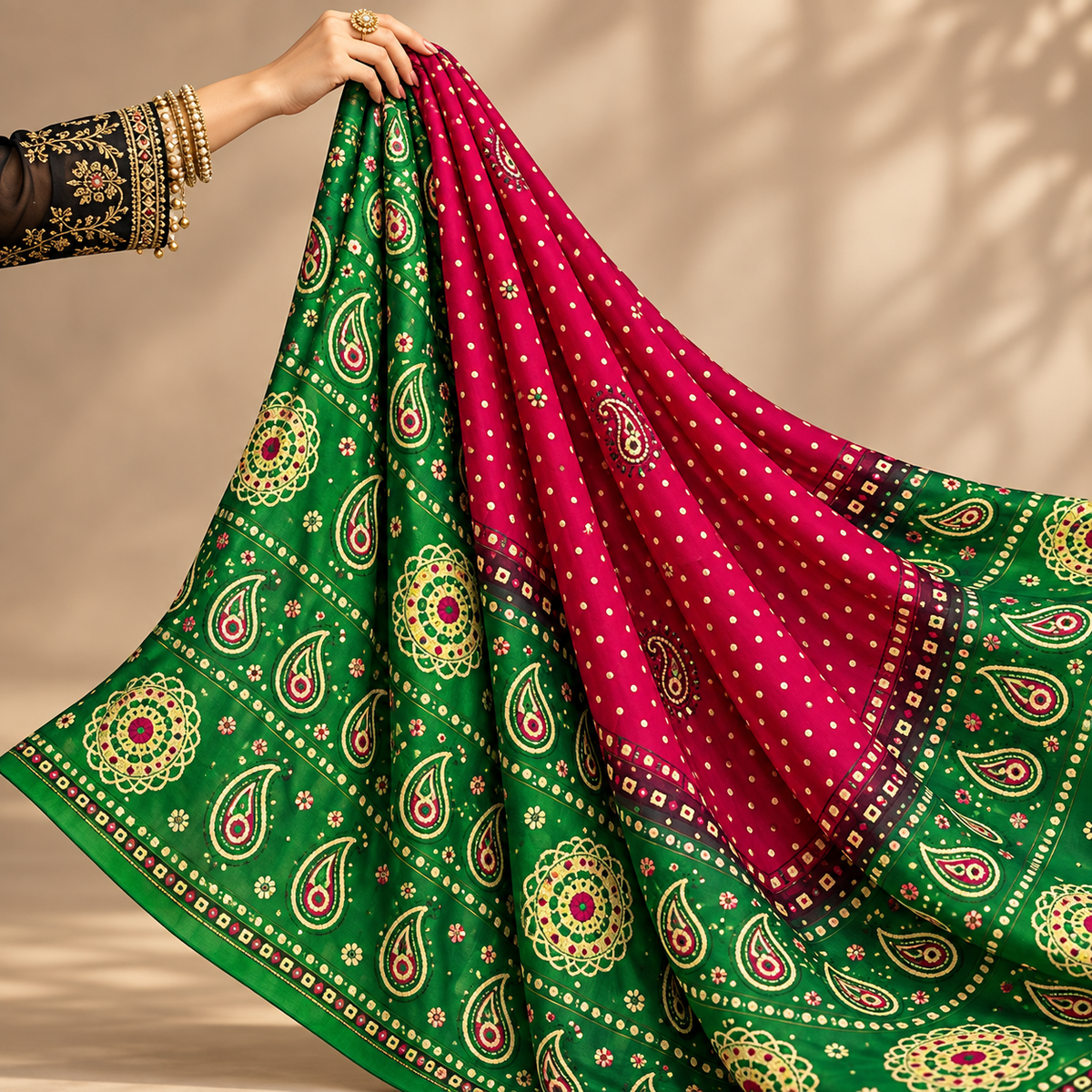 Emerald Green & Fuchsia Paisley Traditional Dupatta