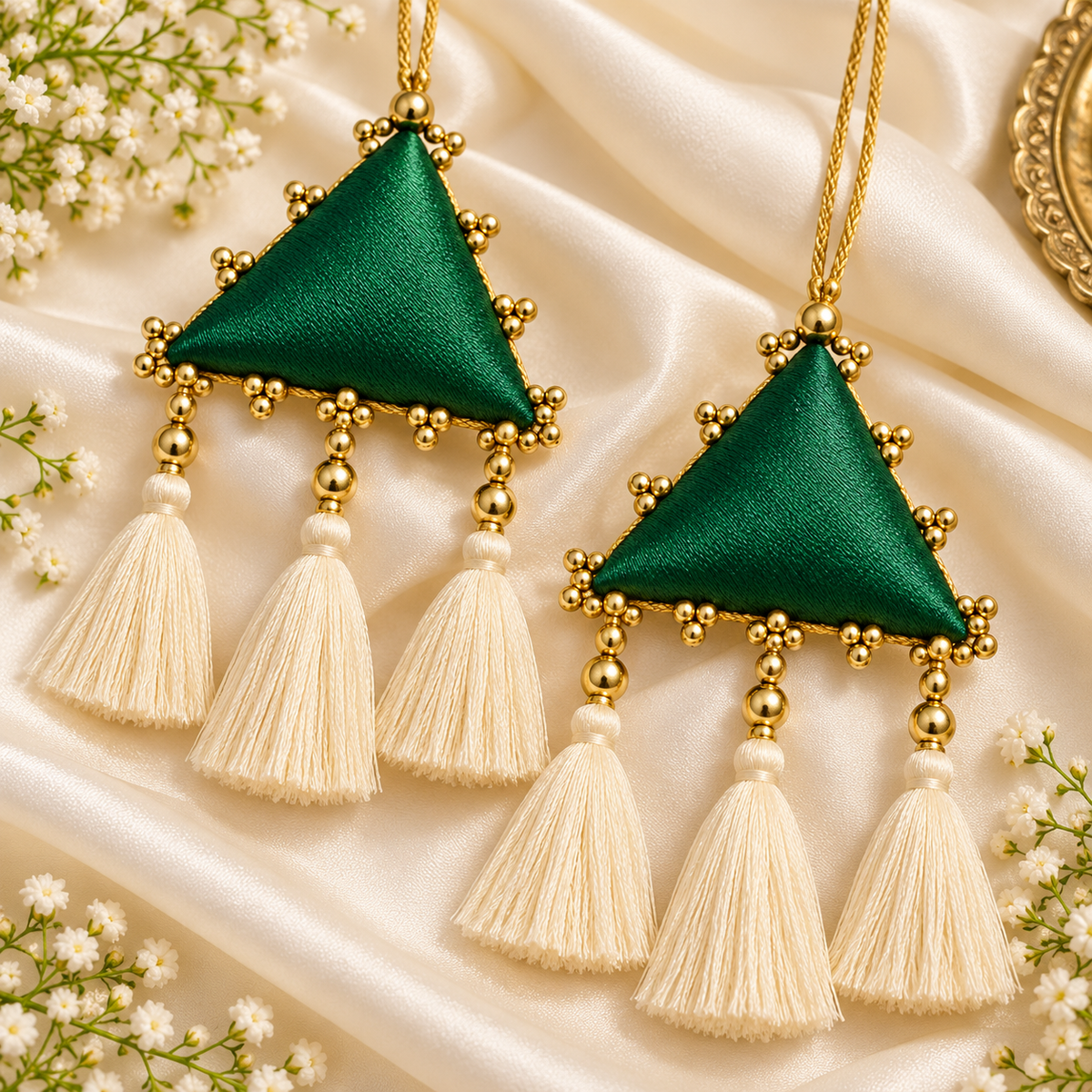 Luxury Emerald Green & Ivory Handmade Triangle Tassels
