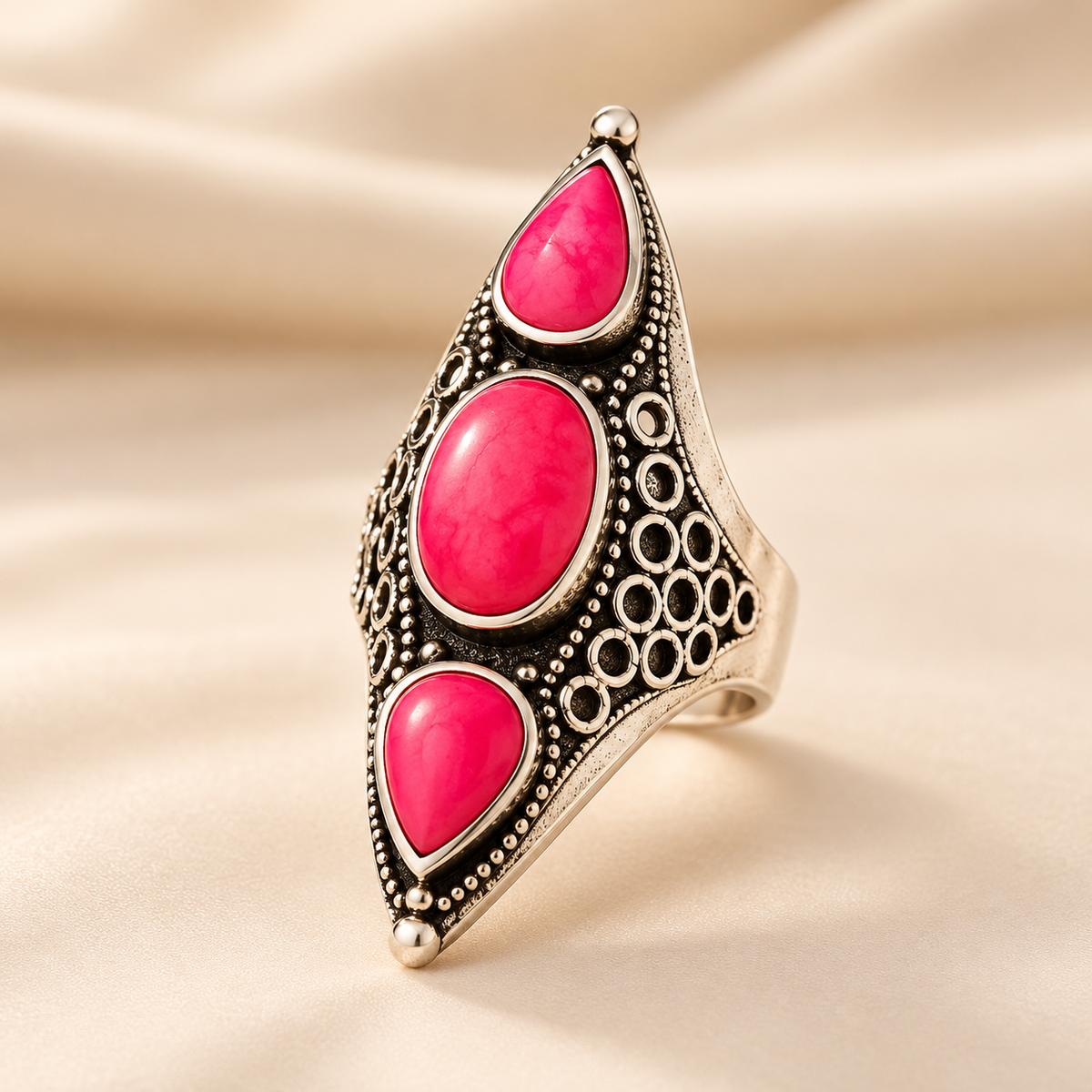 Luxury Ruby Pink Antique Silver Handmade Tribal Statement Ring