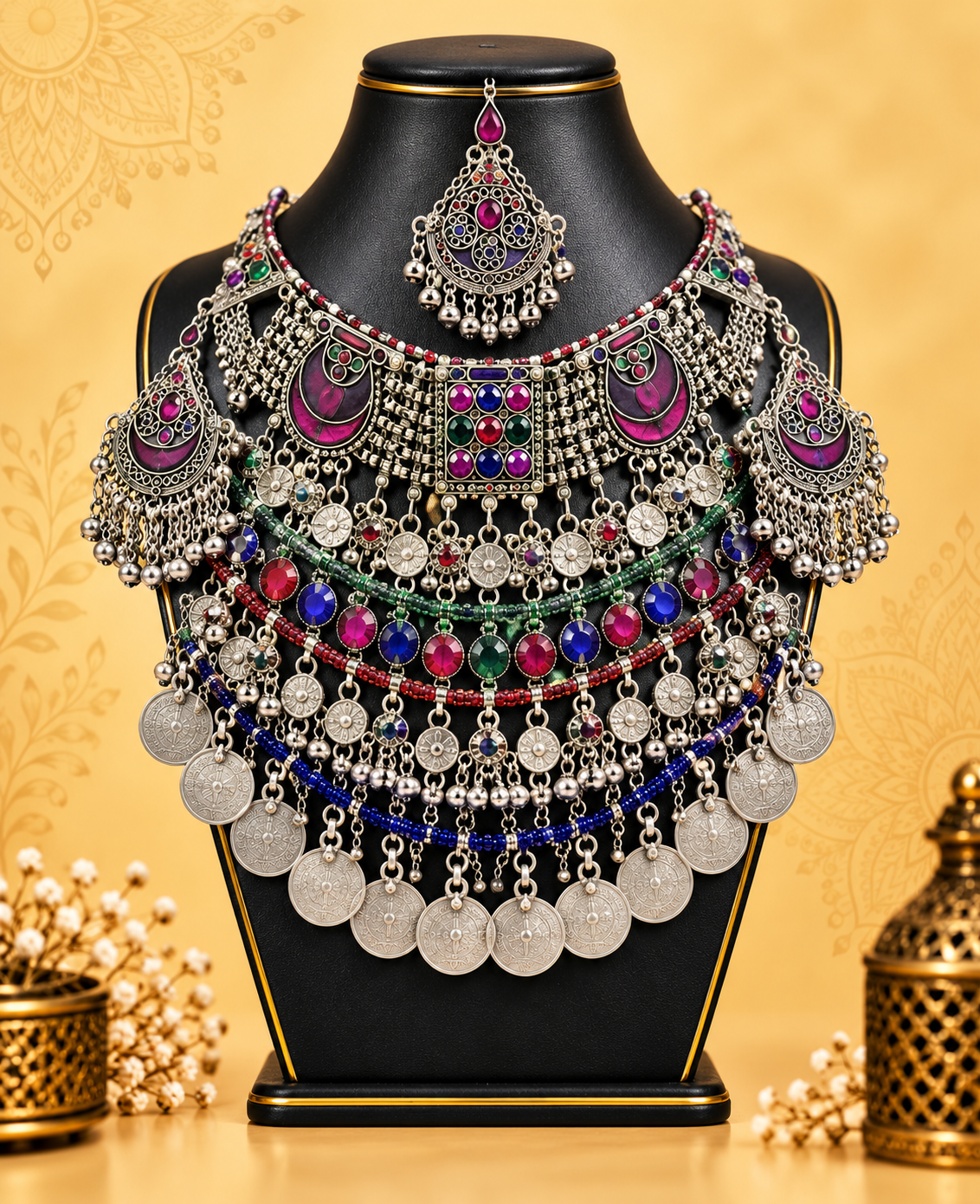 Multicolour Afghan Necklace and Tikka Set