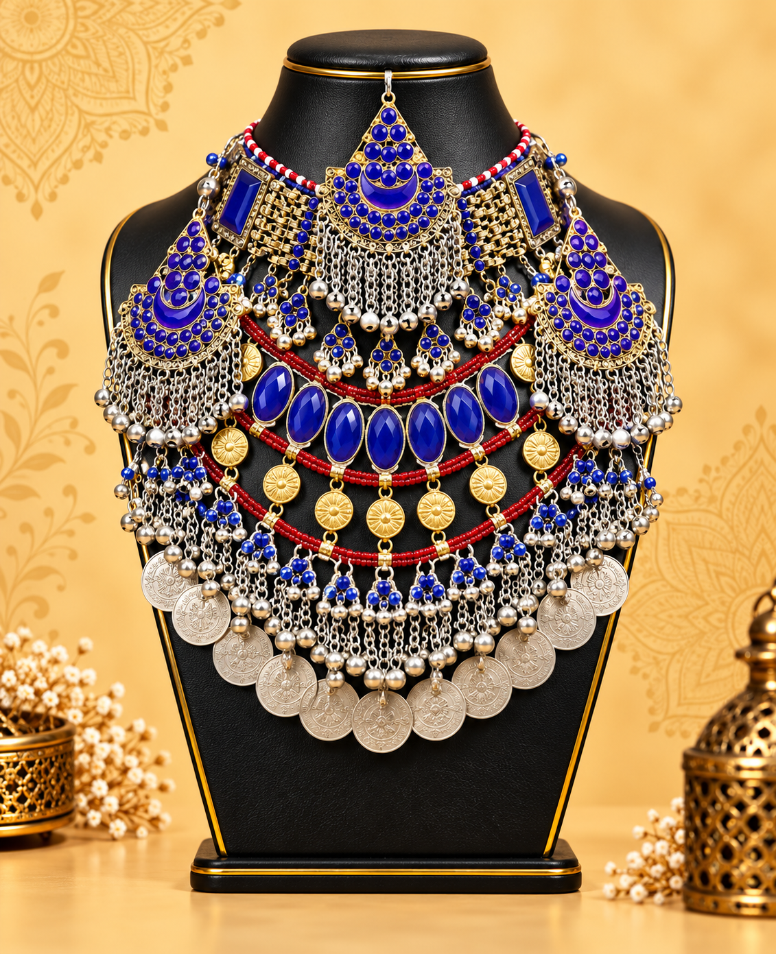 Royal Blue Afghan Necklace and Tikka Set