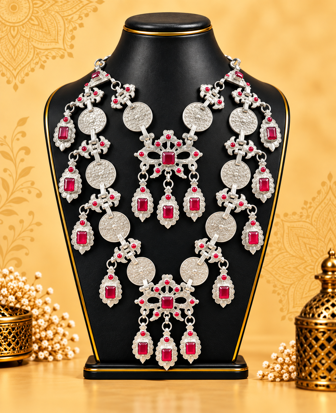 Traditional Afghan Red Stone Silver-Tone Necklace