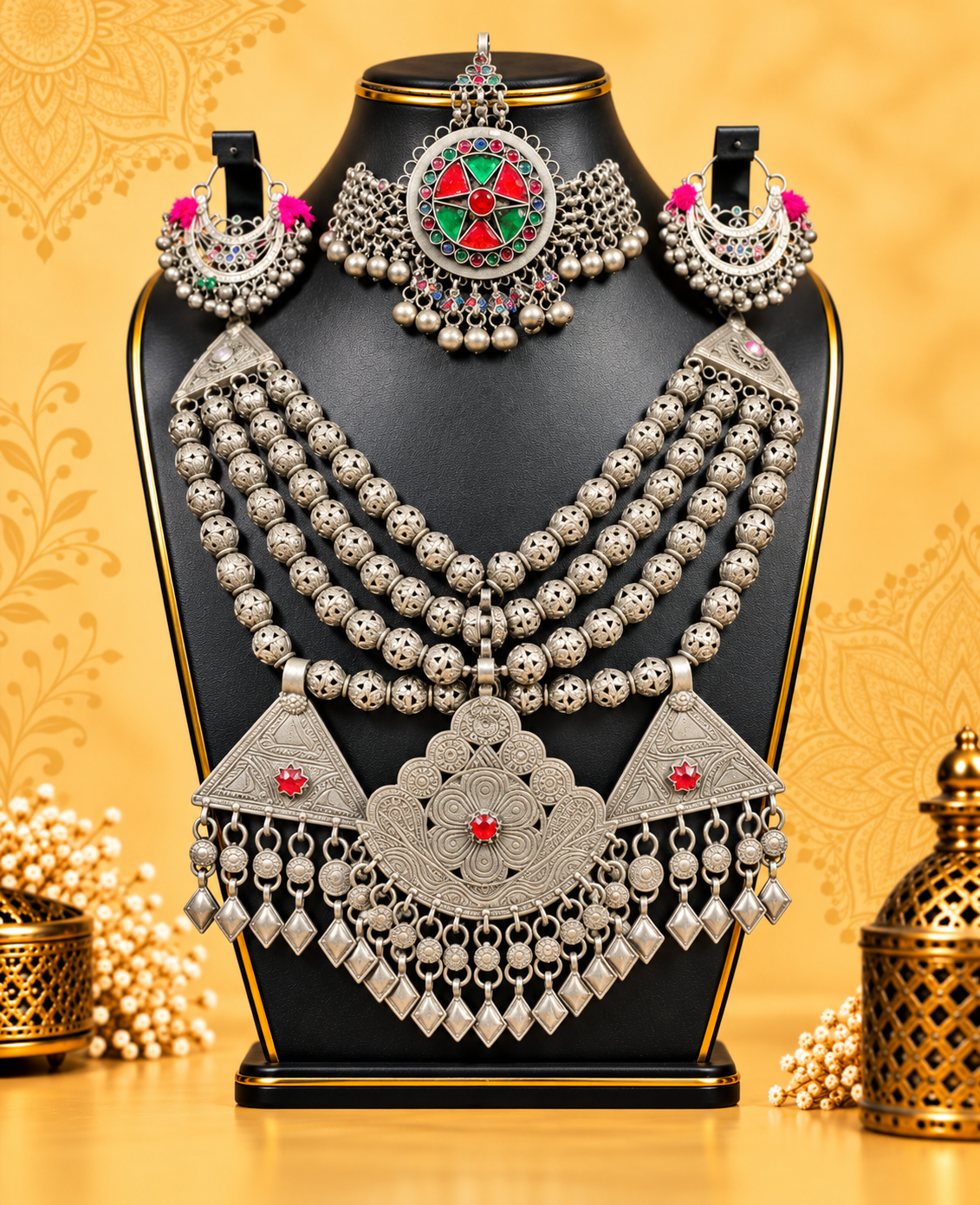 Traditional Afghan Silver-Tone Layered Bridal Jewellery Set