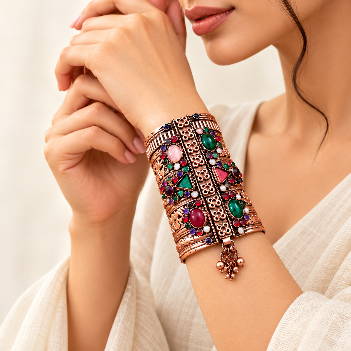 Royal Rose-Gold Multicolor Statement Cuff Bangles