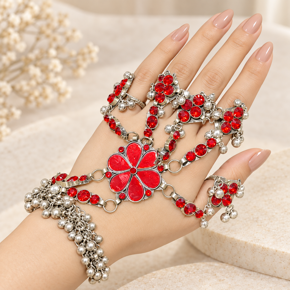 Red Crystal Floral Hand Chain Bracelets