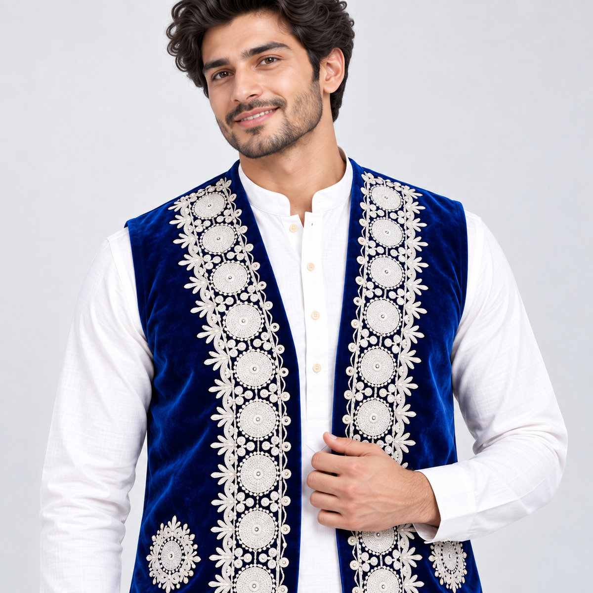 Royal Sapphire Embroidered Velvet Waistcoat