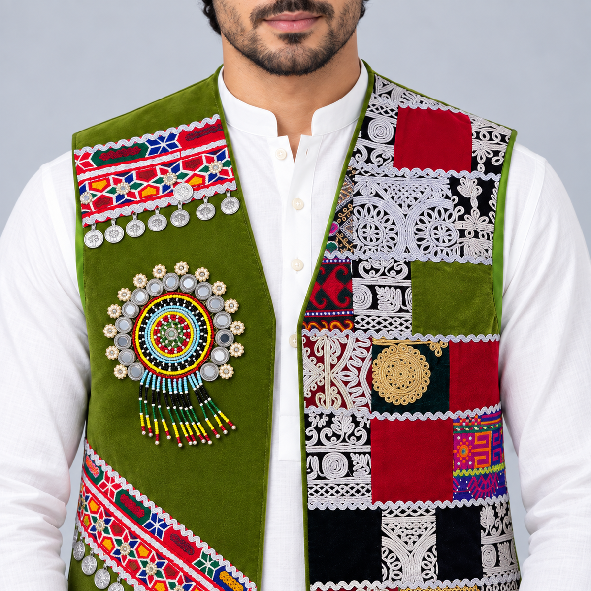 Heritage Olive Patchwork Embellished Waistcoat