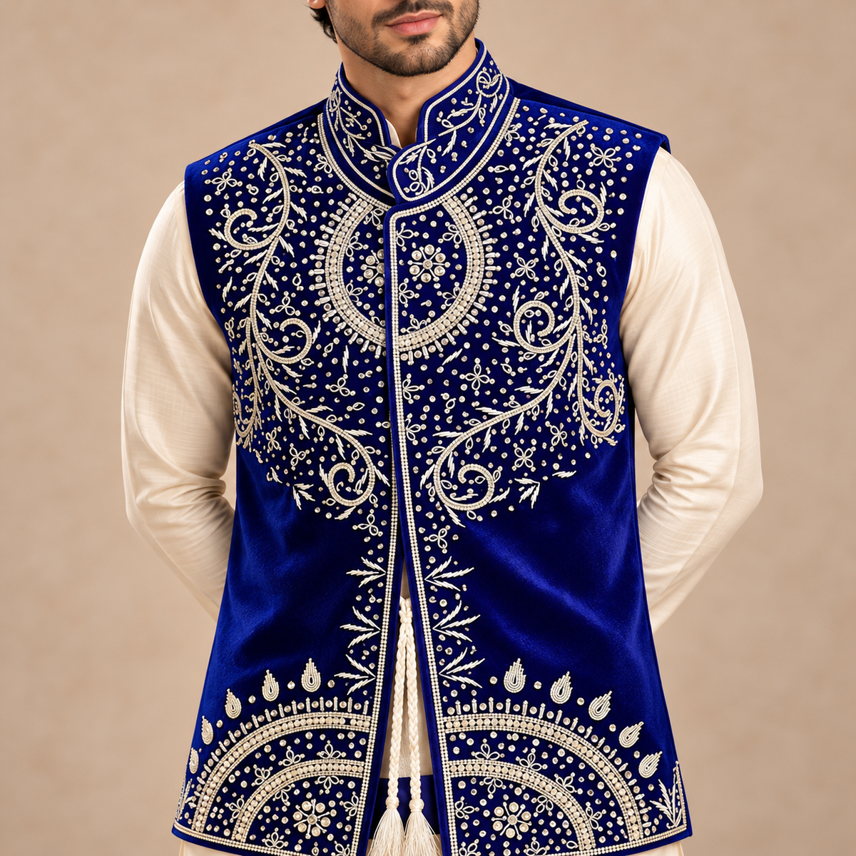 Royal Cobalt Silver Embroidered Velvet Waistcoat