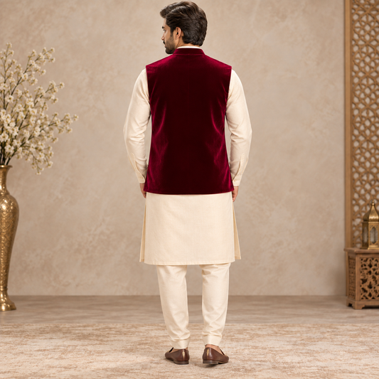 Royal Maroon Multicolor Embroidered Velvet Waistcoat