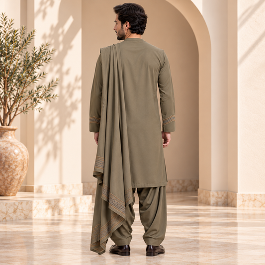 Afghan Royal Heritage Embroidered Shalwar Kameez – Olive Grey