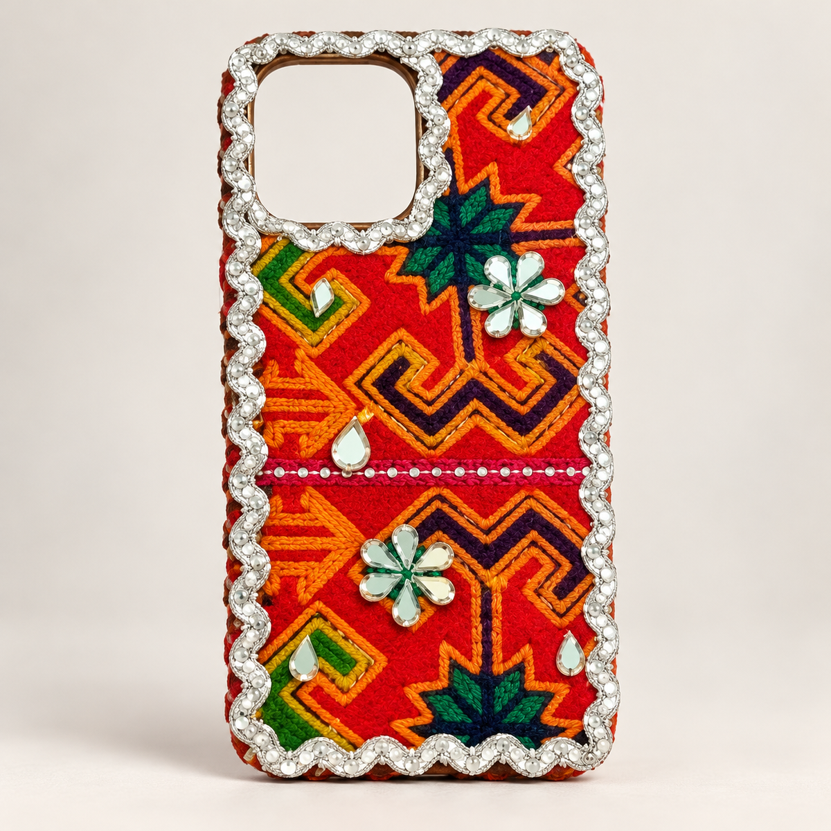 Traditional Red Handmade Embroidered Mobile Cover with Silver Mirror Flowers & Geometric Design