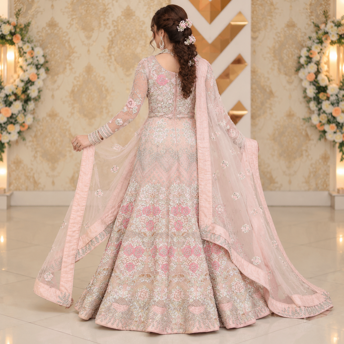Blush Pink Silver Embroidered Bridal Lehenga Set