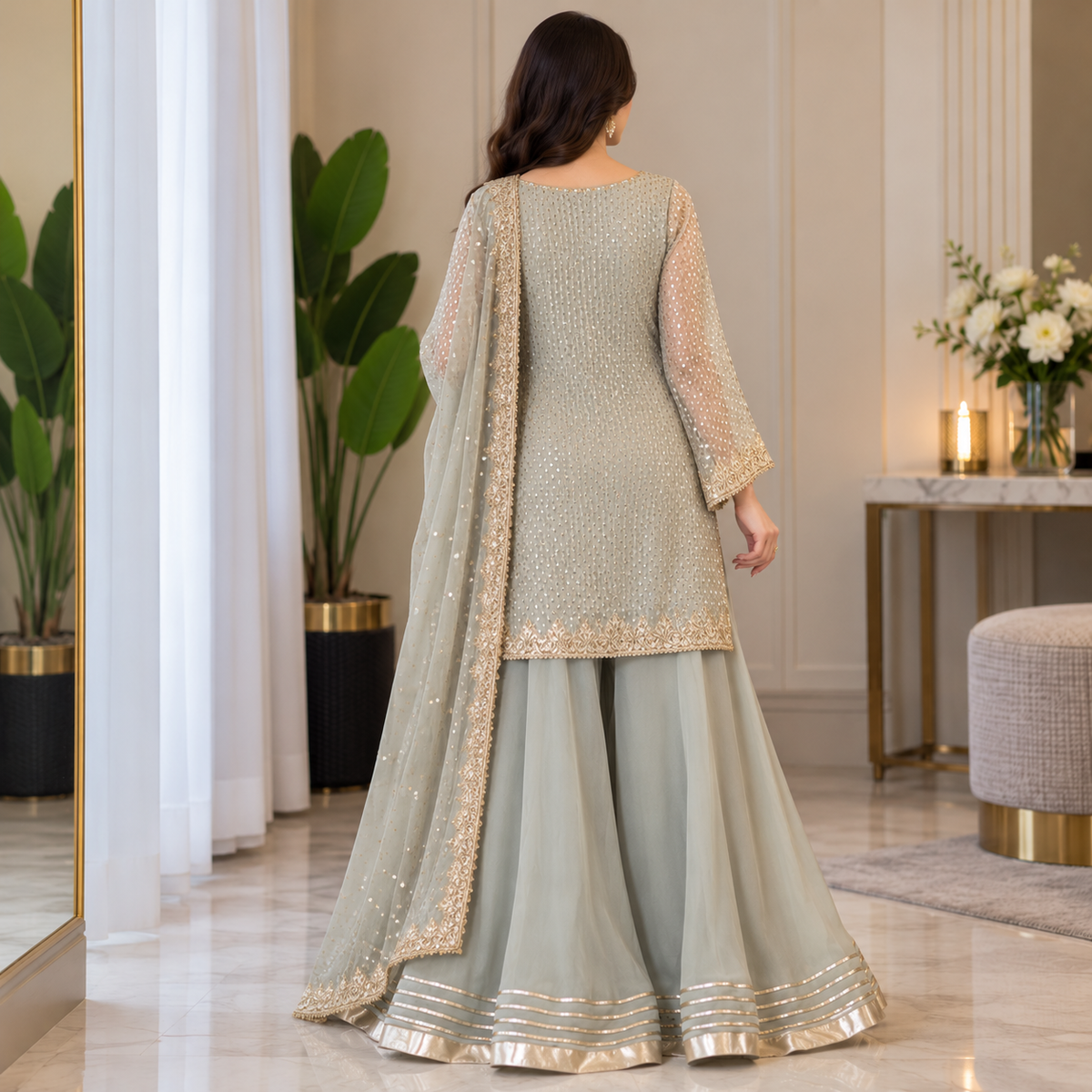 Sage Elegance – Luxury Embellished Party Wear Sharara