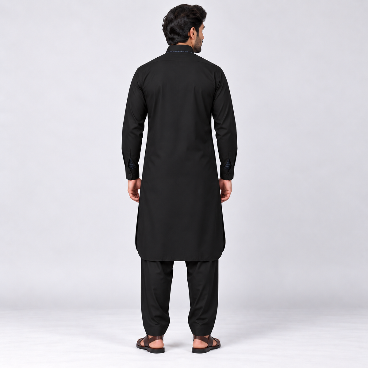 Classic Black Men’s Shalwar Kameez with Contrast Accents