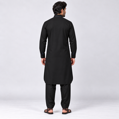 Classic Black Men’s Shalwar Kameez with Contrast Accents