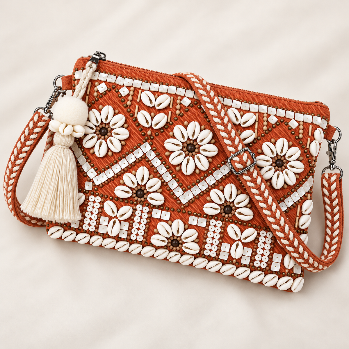 Terracotta Orange Handmade Boho Crossbody Clutch with Cowrie Shell Flowers & Tassel