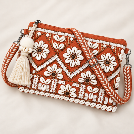 Terracotta Orange Handmade Boho Crossbody Clutch with Cowrie Shell Flowers & Tassel
