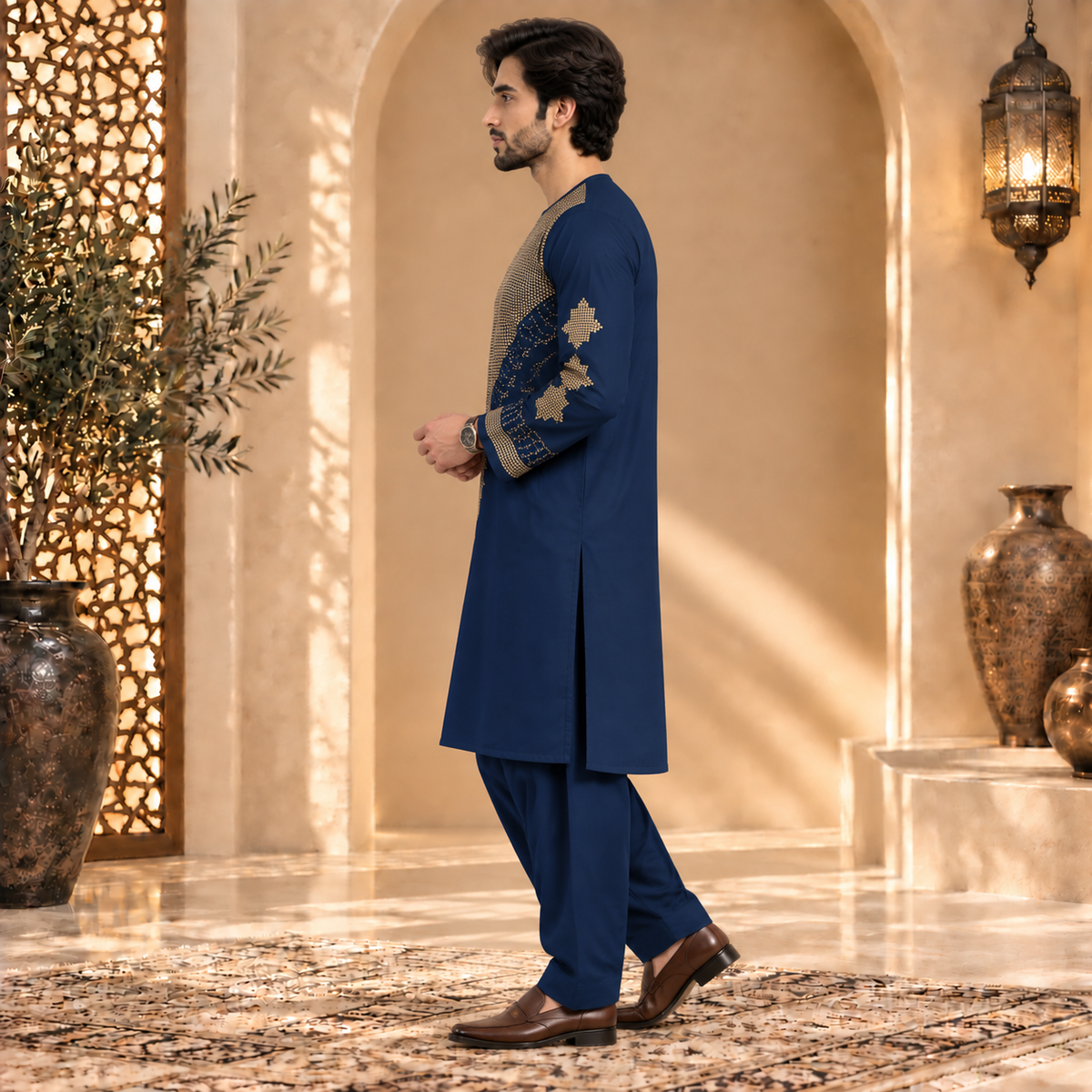 Afghan Traditional Navy Blue Embroidered Kurta Shalwar – Royal Gold Heritage Wear