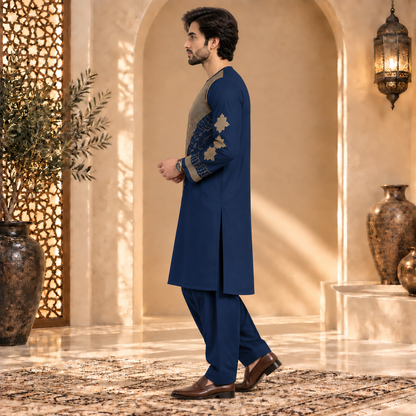 Afghan Traditional Navy Blue Embroidered Kurta Shalwar – Royal Gold Heritage Wear
