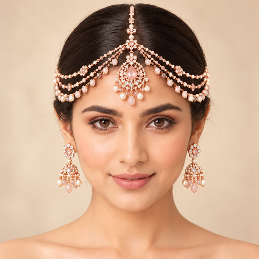 Luxury Rose Gold &amp; Blush Pink Bridal Matha Patti Jewelry Set