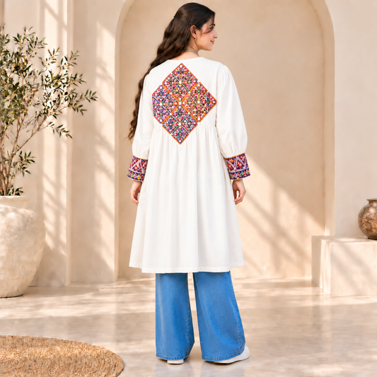 Afghan Heritage White Embroidered Coat