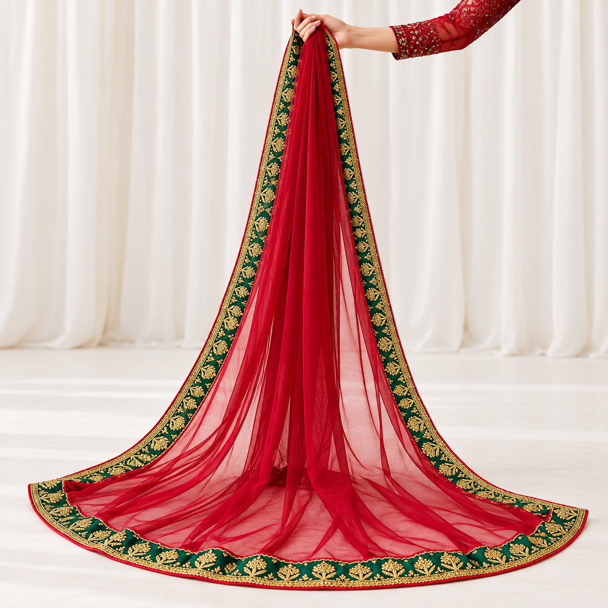 Crimson Red & Emerald Green Embroidered Bridal Dupatta