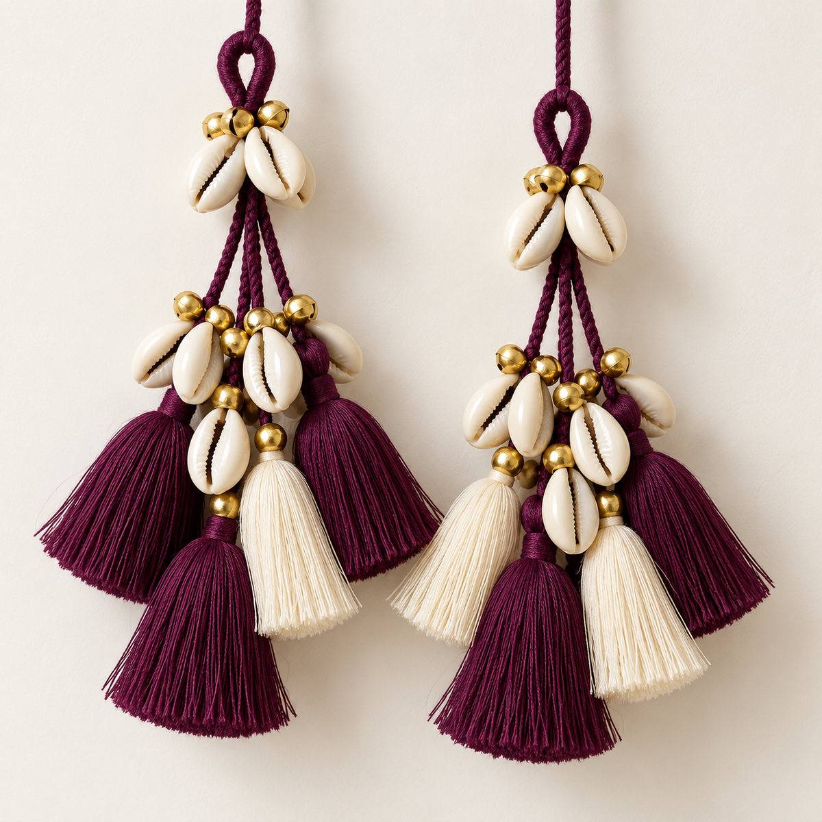 Luxury Burgundy &amp; Ivory Handmade Cowrie Shell Tassels