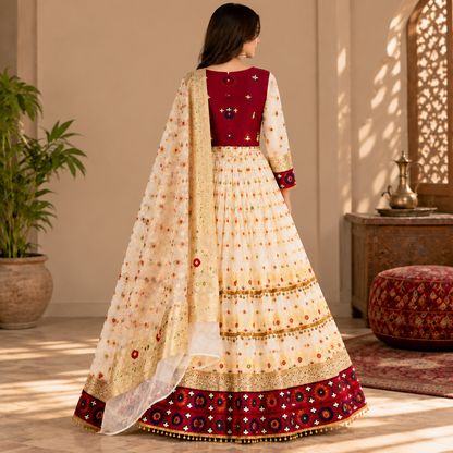Afghan Traditional White Embroidered Dress – Royal Heritage Gown with Dupatta