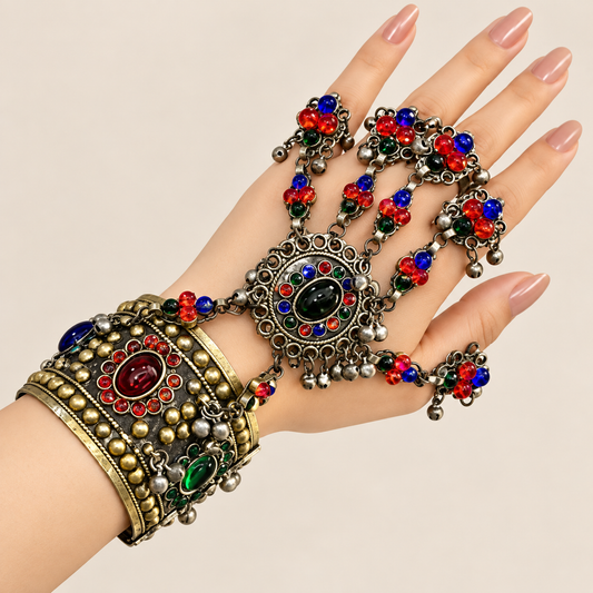 Vintage Multicolor Stone Afghani Hand Harness Bracelet – Antique Tribal Jewelry