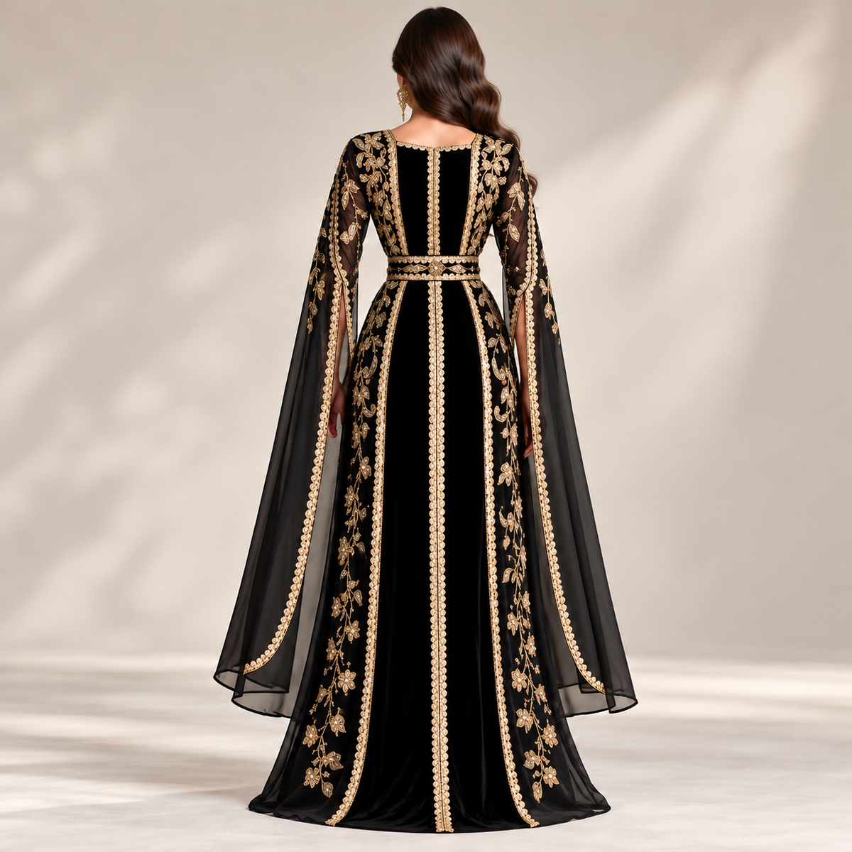 Luxury Black &amp; Gold Embroidered Maxi Dress – Elegant Traditional Formal Wear