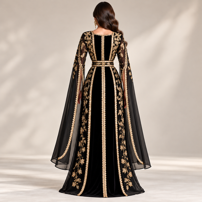 Luxury Black &amp; Gold Embroidered Maxi Dress – Elegant Traditional Formal Wear